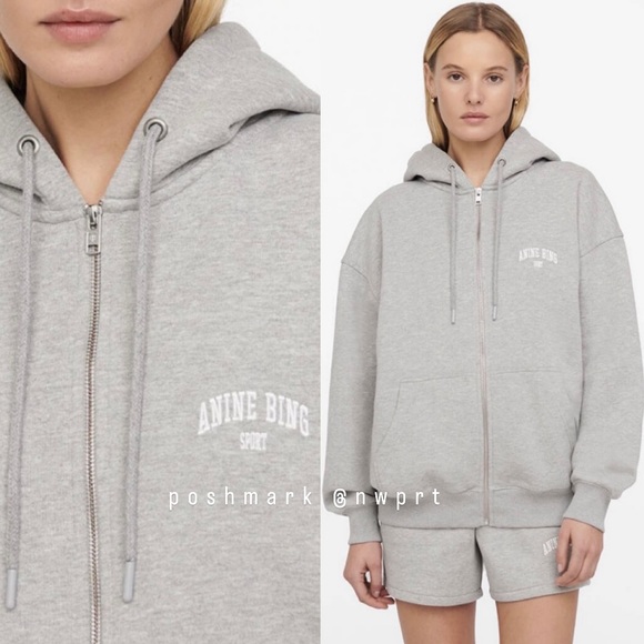Anine Bing Zane Hoodie Zip Up Sweatshirt Jacket Heather Grey White XXS XS - Picture 2 of 14